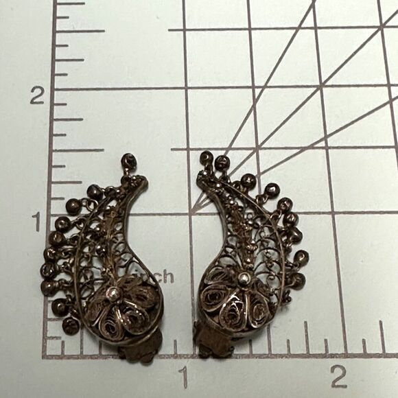 Vintage Oxidized Sterling Silver Earrings Filigree Clip On Climbers Wings Leaf - Picture 7 of 10